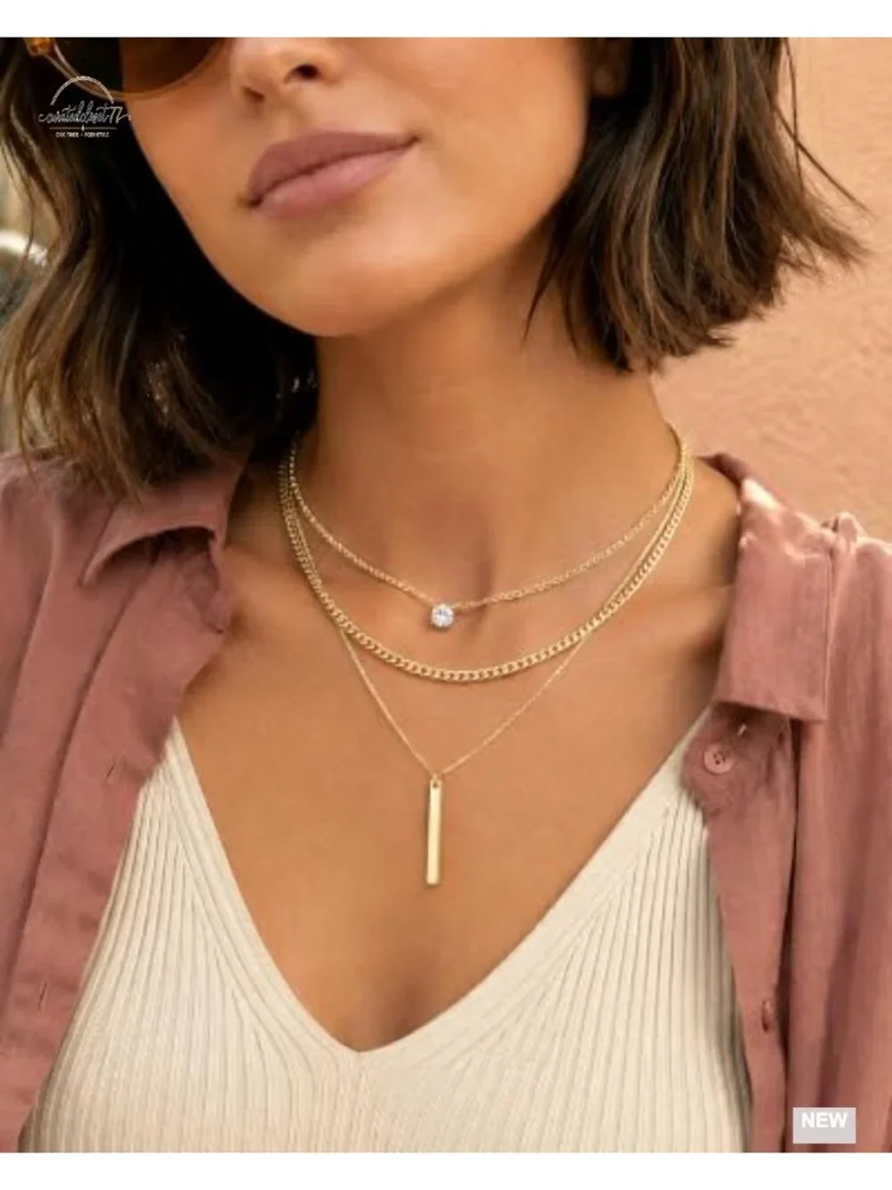 14K Gold Plated Layered Necklace Set - 3 Chain Stackable Pendant Necklace